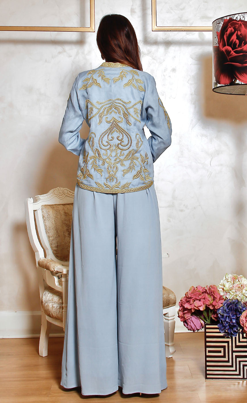 Blue grey organza short jacket fully embroidered with gold work with wide legged palazzos. 