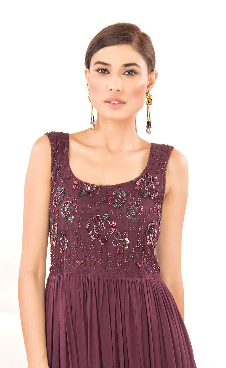 Lace gown in rich burgundy color
