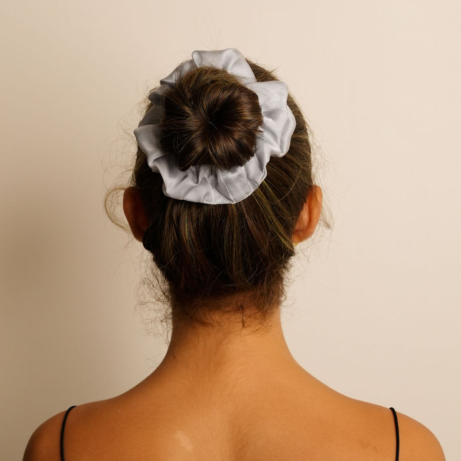 Mulberry Silk Knotted Headband (Steel-Grey) + Matching Ruffled Silk Scrunchie + Eye Mask Of Same Colour (Pack Of 3)