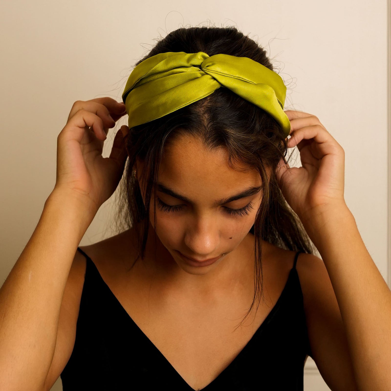 Mulberry Silk Knotted Silk Headband (Lime-Green) + Matching Ruffled Silk Scrunchie + Eye Mask Of Same Colour (Pack Of 3)