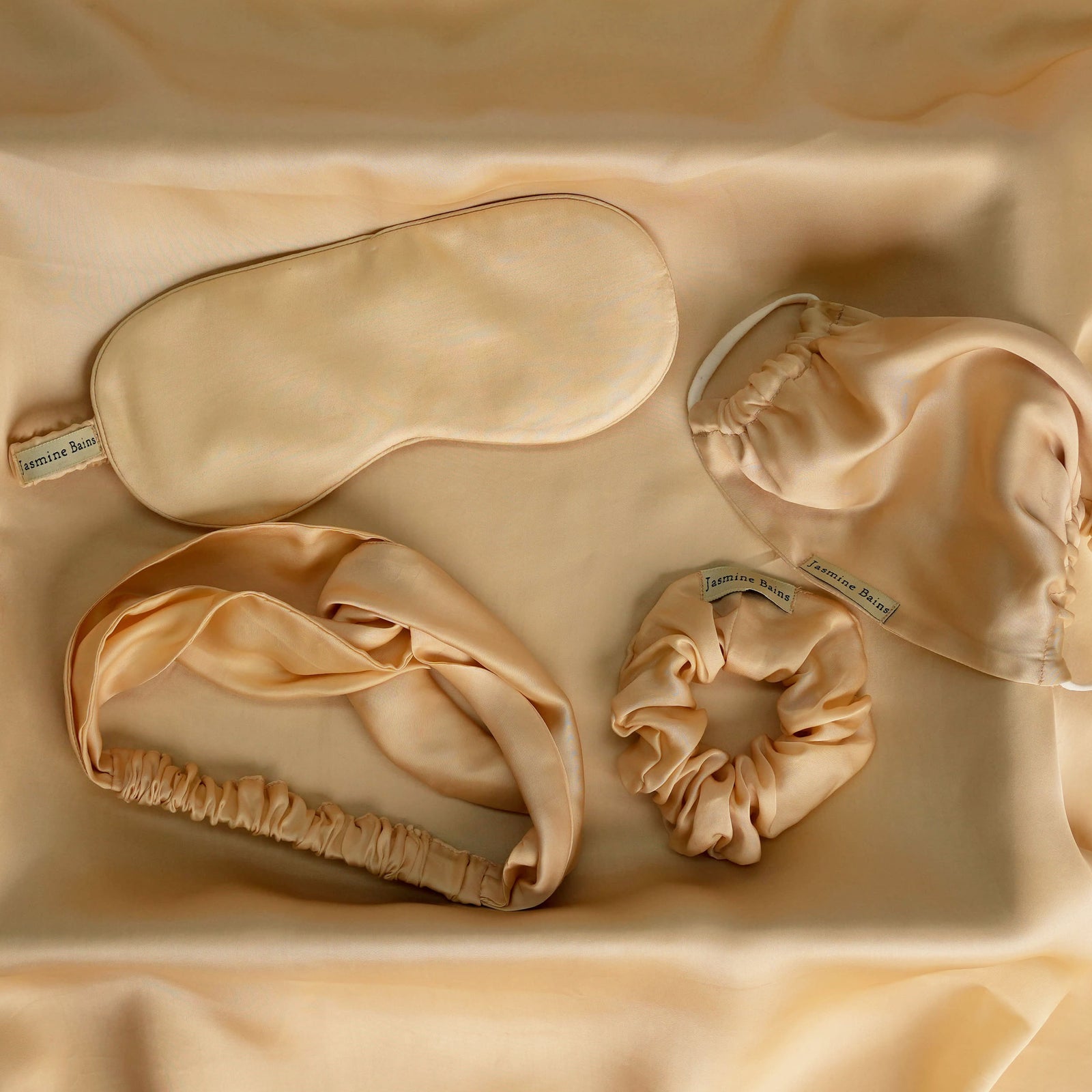 Mulberry Silk Knotted Silk Headband (Creamy-Beige) + Matching Ruffled Silk Scrunchie + Eye Mask Of Same Colour (Pack Of 3)