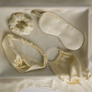 Mulberry Silk Knotted Silk Headband (Ivory) + Matching Ruffled Silk Scrunchie + Eye Mask Of Same Colour (Pack Of 3)