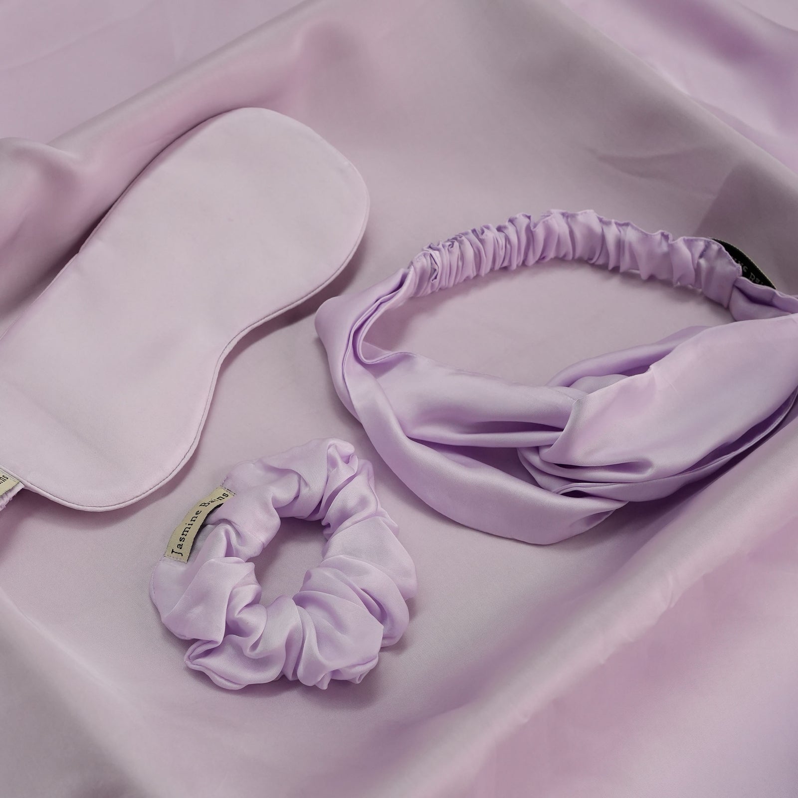 Mulberry Silk Knotted Silk Headband (Lavender) + Matching Ruffled Silk Scrunchie + Eye Mask Of Same Colour (Pack Of 3)