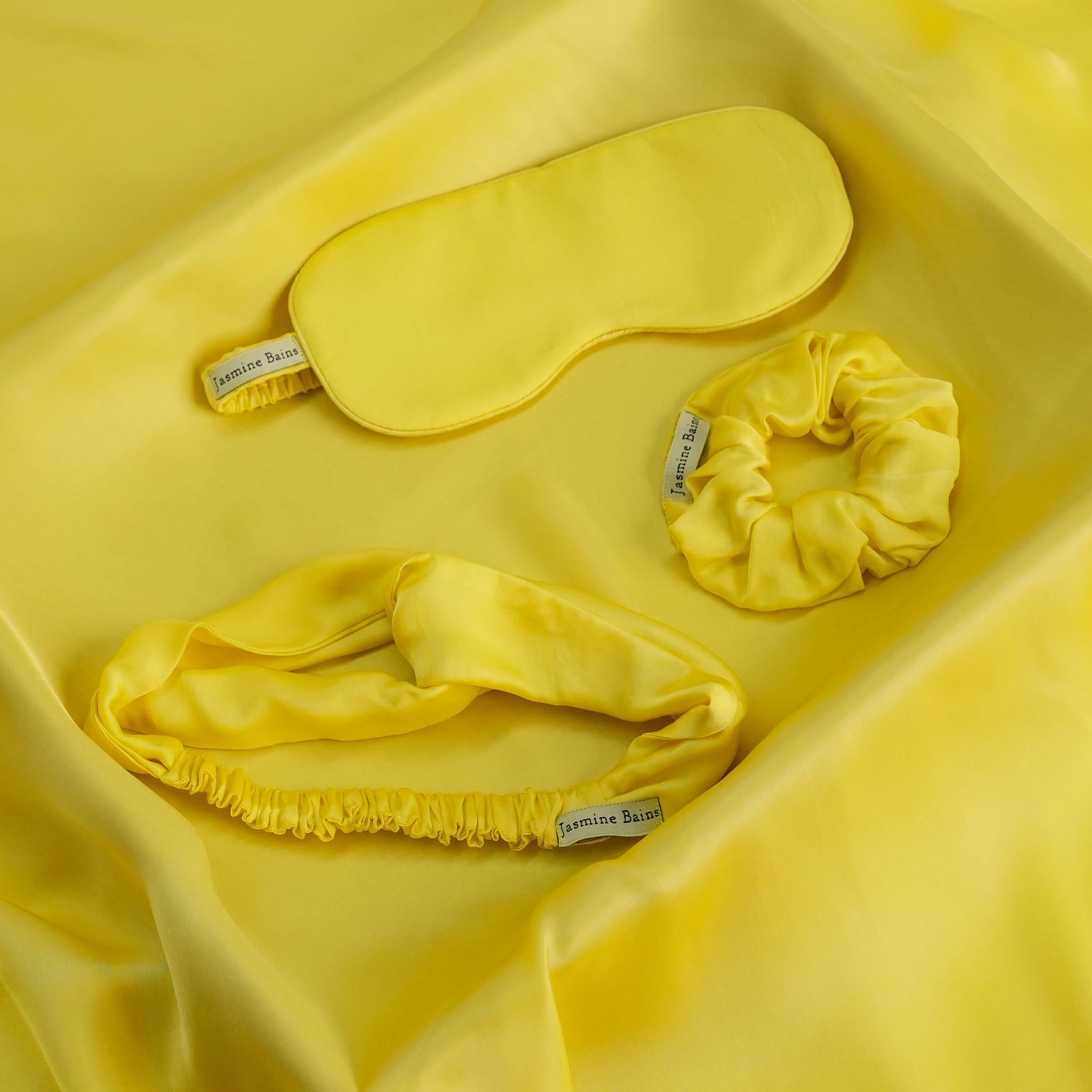 Mulberry Silk Knotted Silk Headband (Lemon-Yellow) + Matching Ruffled Silk Scrunchie + Eye Mask Of Same Colour (Pack Of 3)