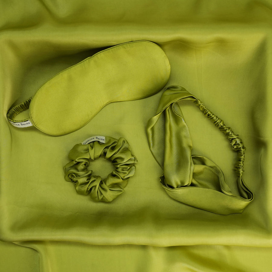 Mulberry Silk Knotted Silk Headband (Lime-Green) + Matching Ruffled Silk Scrunchie + Eye Mask Of Same Colour (Pack Of 3)