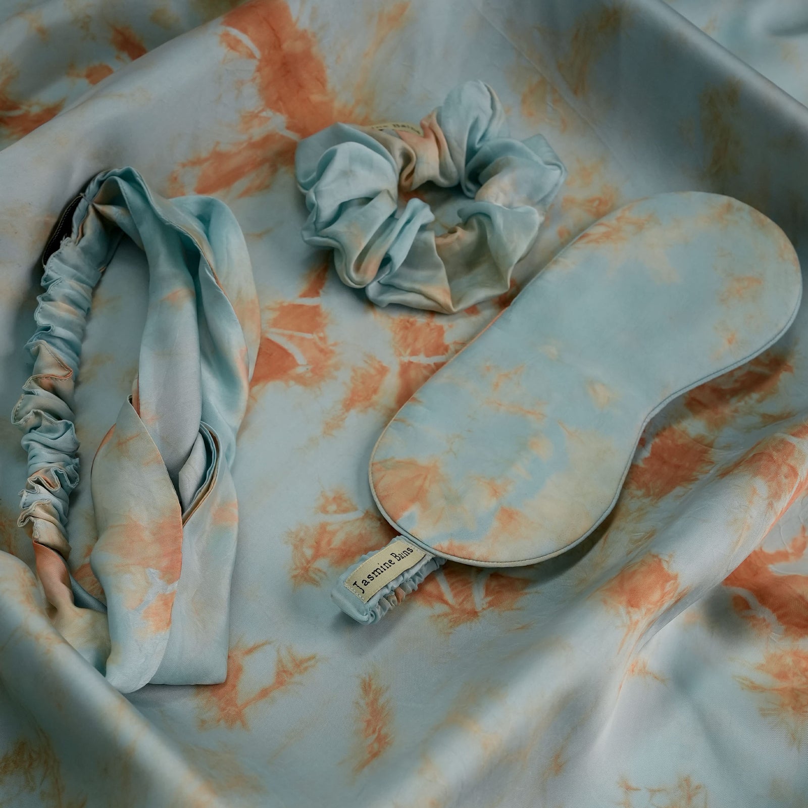 Mulberry Silk Knotted Silk Headband (Marble-Blue) + Matching Ruffled Silk Scrunchie + Eye Mask Of Same Colour (Pack Of 3)