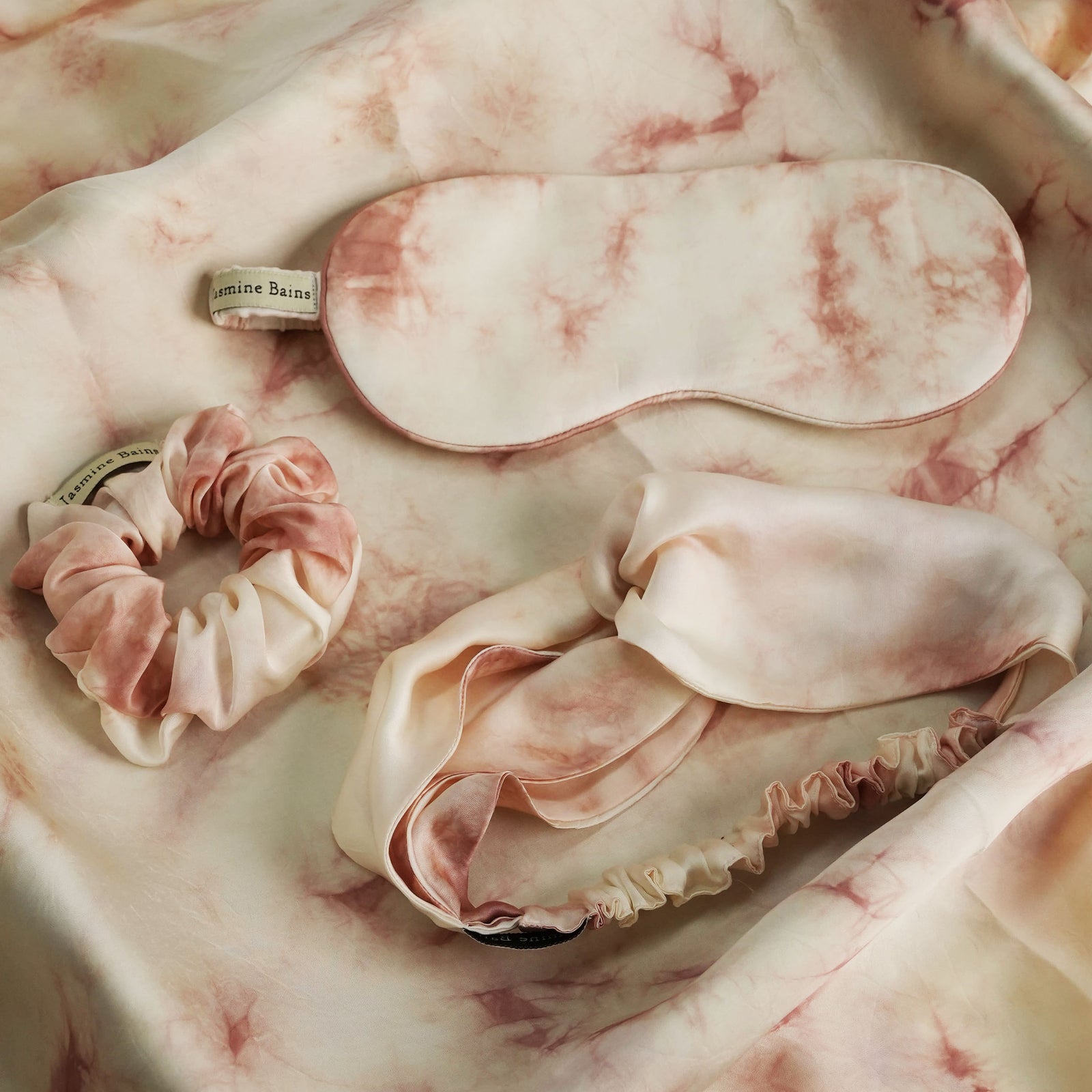 Mulberry Silk Knotted Silk Headband (Marble-Rust) + Matching Ruffled Silk Scrunchie + Eye Mask Of Same Colour (Pack Of 3)