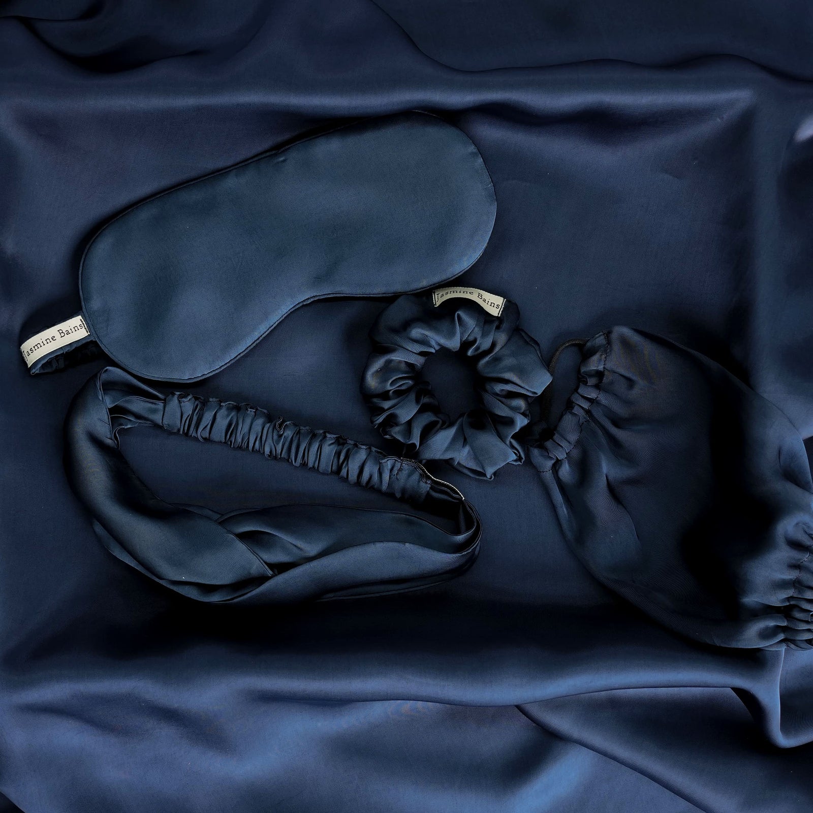Mulberry Silk Knotted Silk Headband (Midnight-Blue) + Matching Ruffled Silk Scrunchie + Eye Mask Of Same Colour (Pack Of 3)