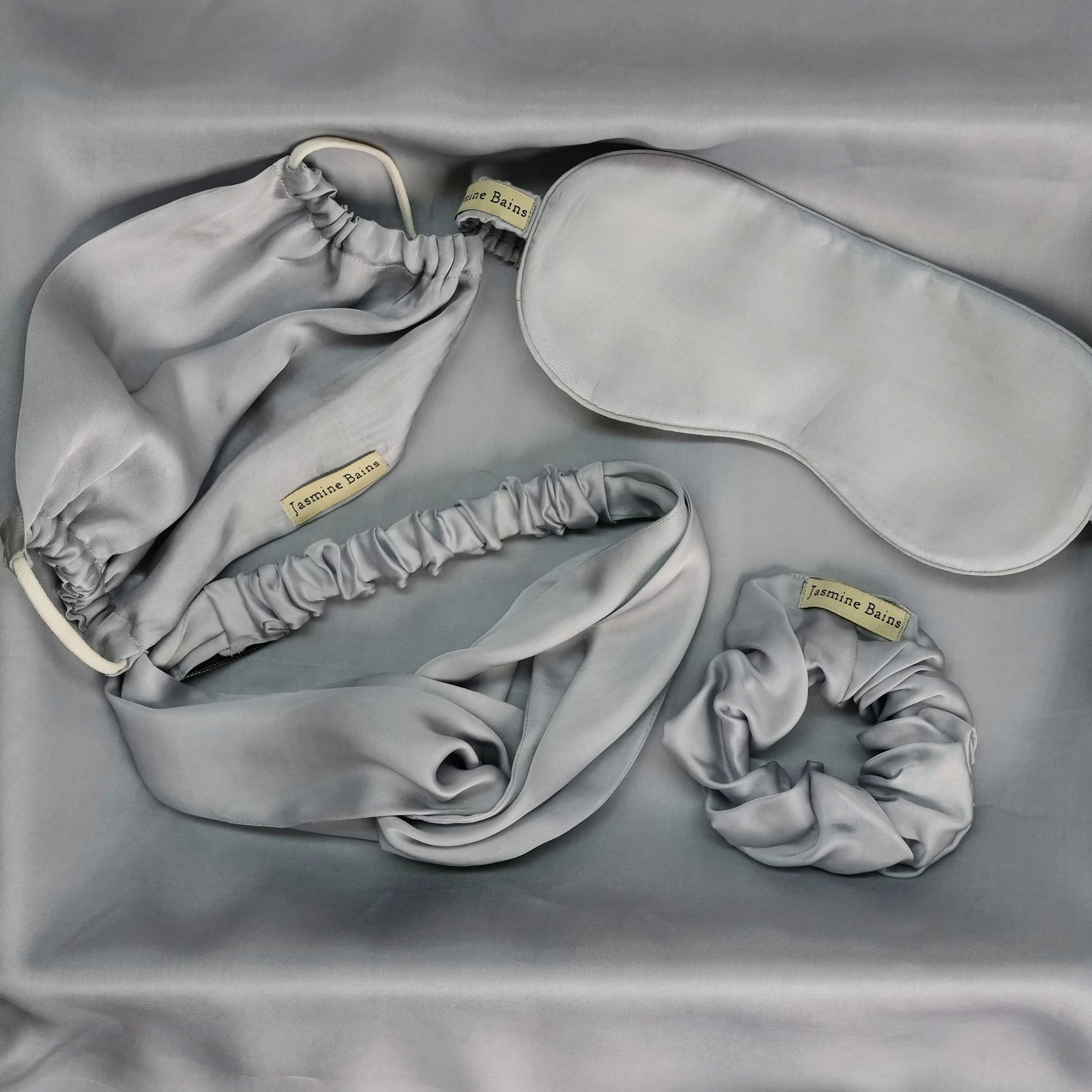 Mulberry Silk Knotted Headband (Steel-Grey) + Matching Ruffled Silk Scrunchie + Eye Mask Of Same Colour (Pack Of 3)