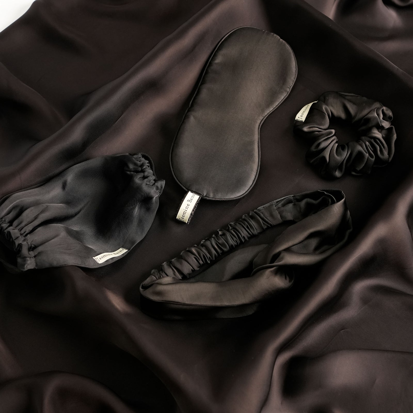 Mulberry Silk Knotted Headband (Black) + Coordinating Ruffled Silk Scrunchie + Eye Mask - (Pack Of 3)