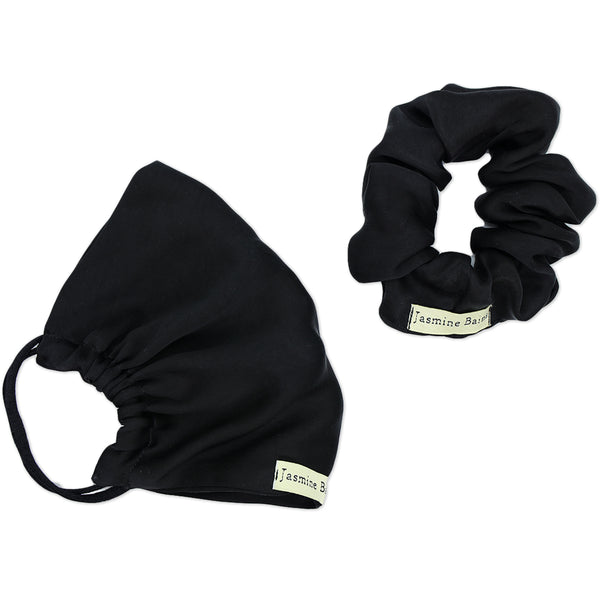 Mulberry Silk Adjustable Face Mask (Black)+ Coordinating Ruffled Silk Scrunchie (Set of 2)