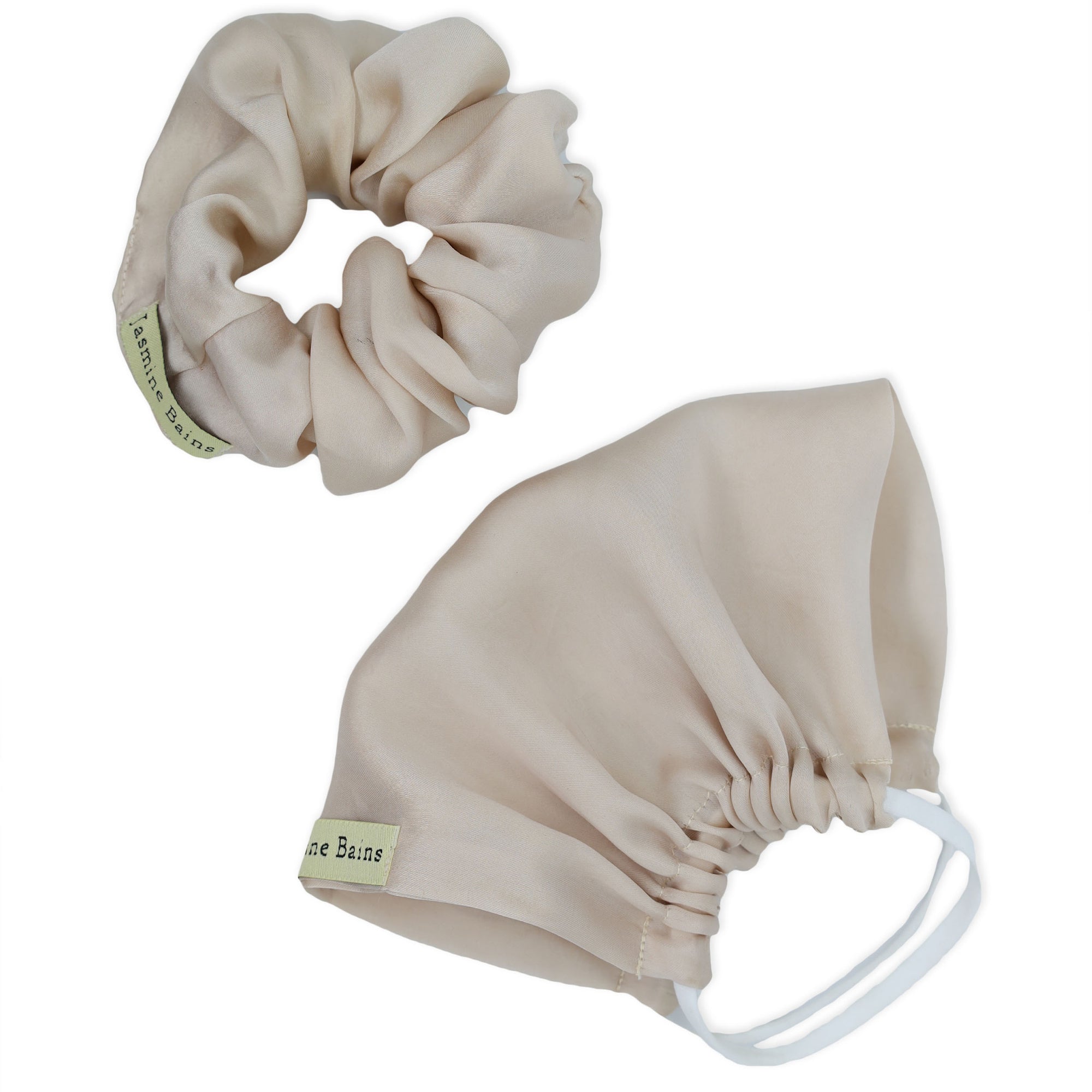 Mulberry Silk Adjustable Face Mask (Creamy-Beige)+ Coordinating Ruffled Silk Scrunchie (Set of 2)