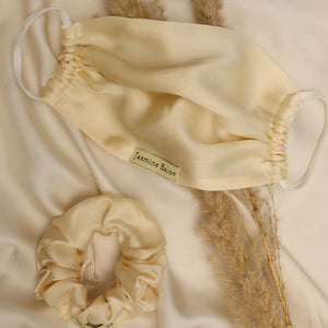 Mulberry Silk Adjustable Face Mask (Ivory)+ Coordinating Ruffled Silk Scrunchie (Set of 2)