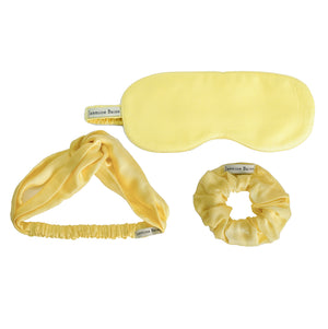 Mulberry Silk Knotted Silk Headband (Lemon-Yellow) + Matching Ruffled Silk Scrunchie + Eye Mask Of Same Colour (Pack Of 3)