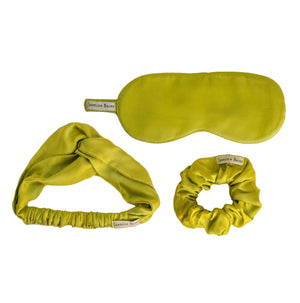 Mulberry Silk Knotted Silk Headband (Lime-Green) + Matching Ruffled Silk Scrunchie + Eye Mask Of Same Colour (Pack Of 3)