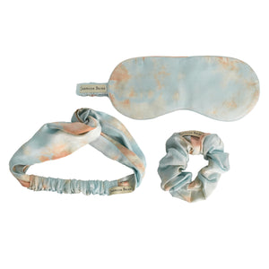 Mulberry Silk Knotted Silk Headband (Marble-Blue) + Matching Ruffled Silk Scrunchie + Eye Mask Of Same Colour (Pack Of 3)