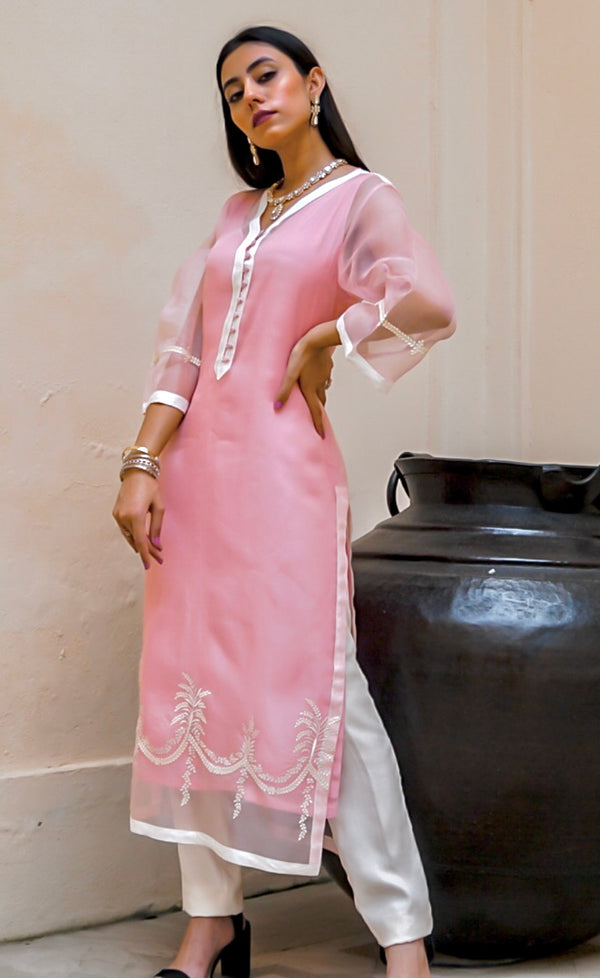 Peachy Pink Kurta Suit Set With Trousers