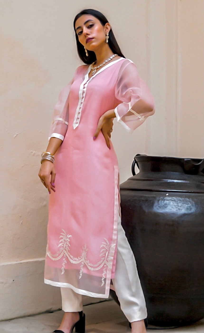 Peachy Pink Kurta Suit Set With Trousers - Jasmine Bains