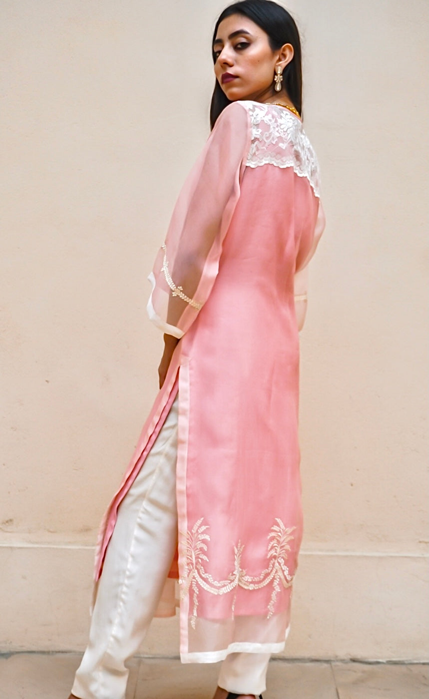 Peach organza jacket with off white buttoned front placket 