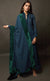 This is a beautiful plush velvet peacock blue-green long dress. It is a silk chiffon panelled dress with wrinkled sleeves, having a standing mandarin collar neckline and buttoned silk velvet placket. It is further lined with a taffeta slip having a cushioned yoke. It is accompanied by a silk georgette shawl finished with contrasting soft moss and sapphire black silk velvet borders.