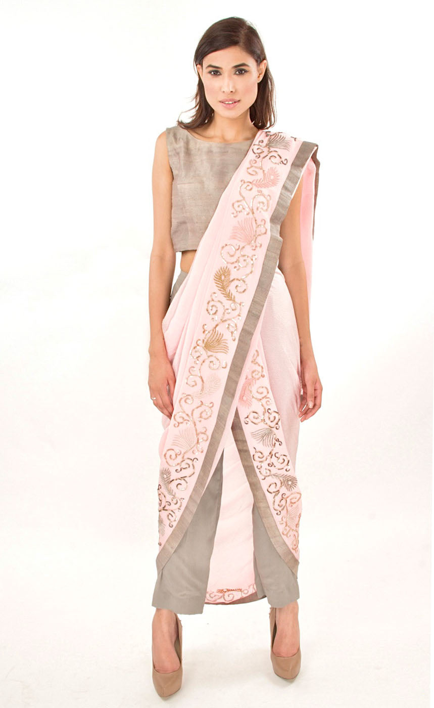 Silver Grey Silk Ready To Wear Draped Saree - Jasmine Bains