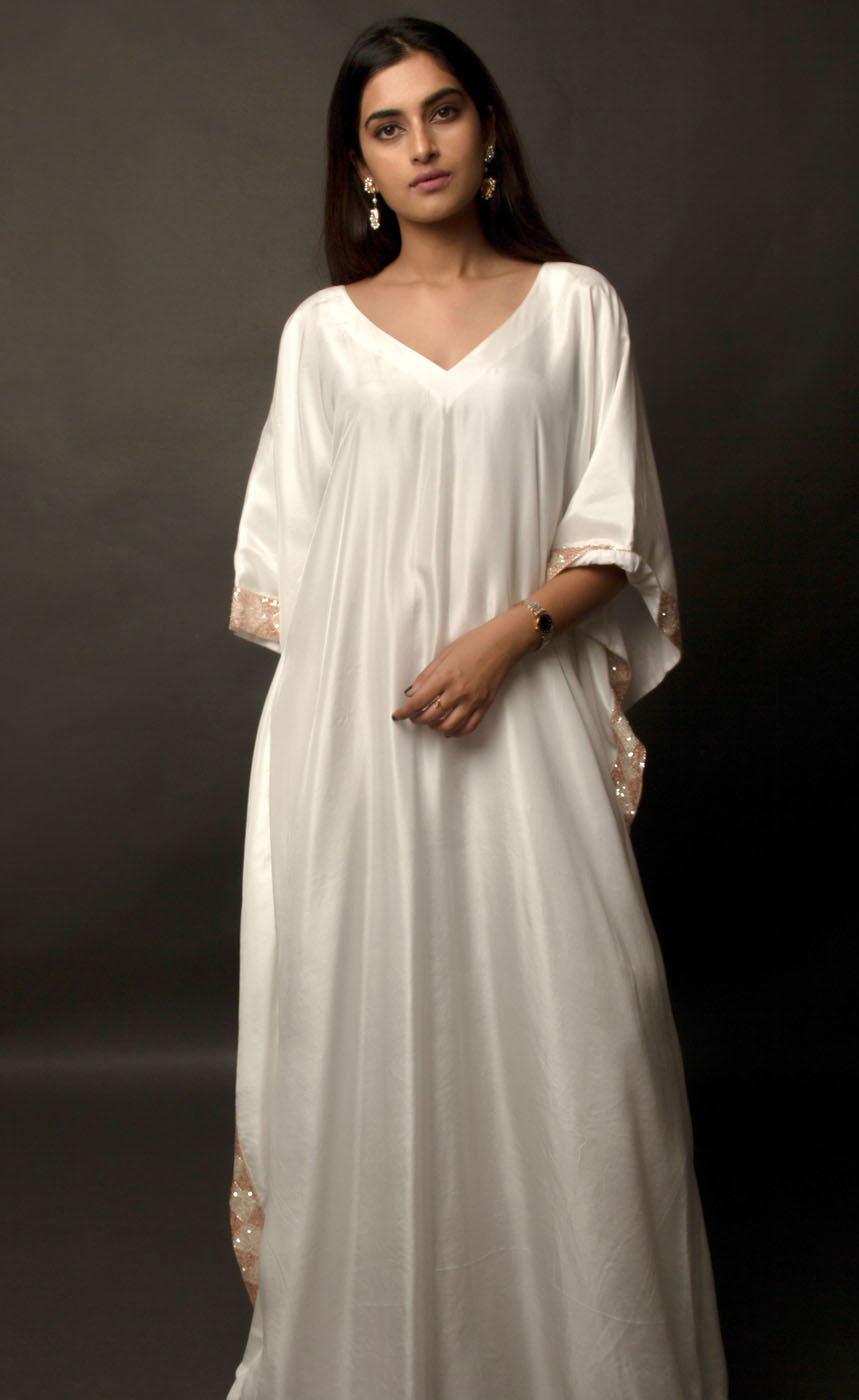 satin kaftan dress White Satin Embellished Kaftan XXL